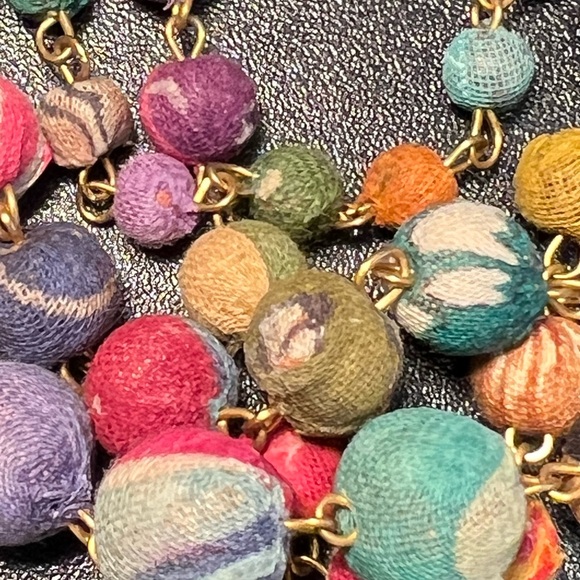 Kantha Multi Strand Colorful Textile Handmade Gold Tone Beaded Exotic Necklace - Picture 3 of 11